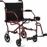 Medline Ultra Lightweight Transport Wheelchair, Adult Size, Foldable, 19-Inch Seat, Red Frame, Black Upholstery.